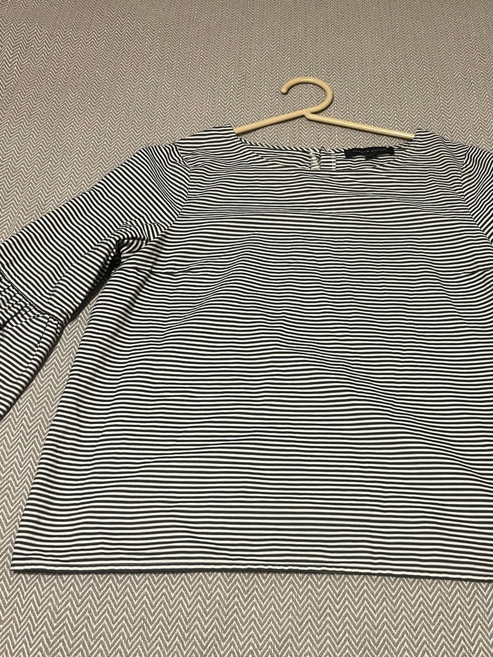 Tommy Hilfiger Striped Black and White Boatneck Top with Ruffle Sleeves. Large.